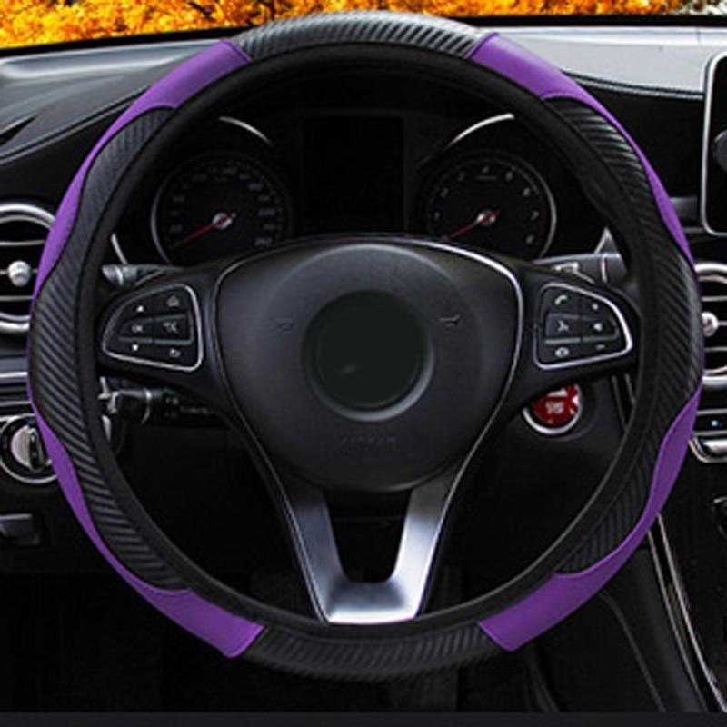 Black Purple Leather Car Steering Wheel Cover For Size 37-38 CM / 14.5-15